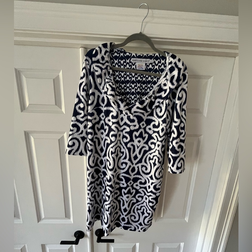 Gretchen Scott Navy Scroll Ruffneck Dress